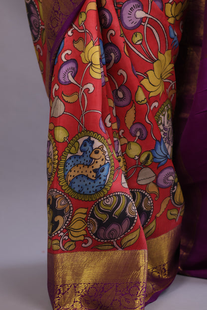 Kanchi Pattu Hand Painted Pen Kalamkari Saree