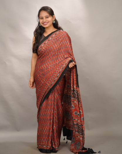 Maroon Small Print Authentic Ajrakh Handblock Printed Modal Silk Saree | Looms & Tassels