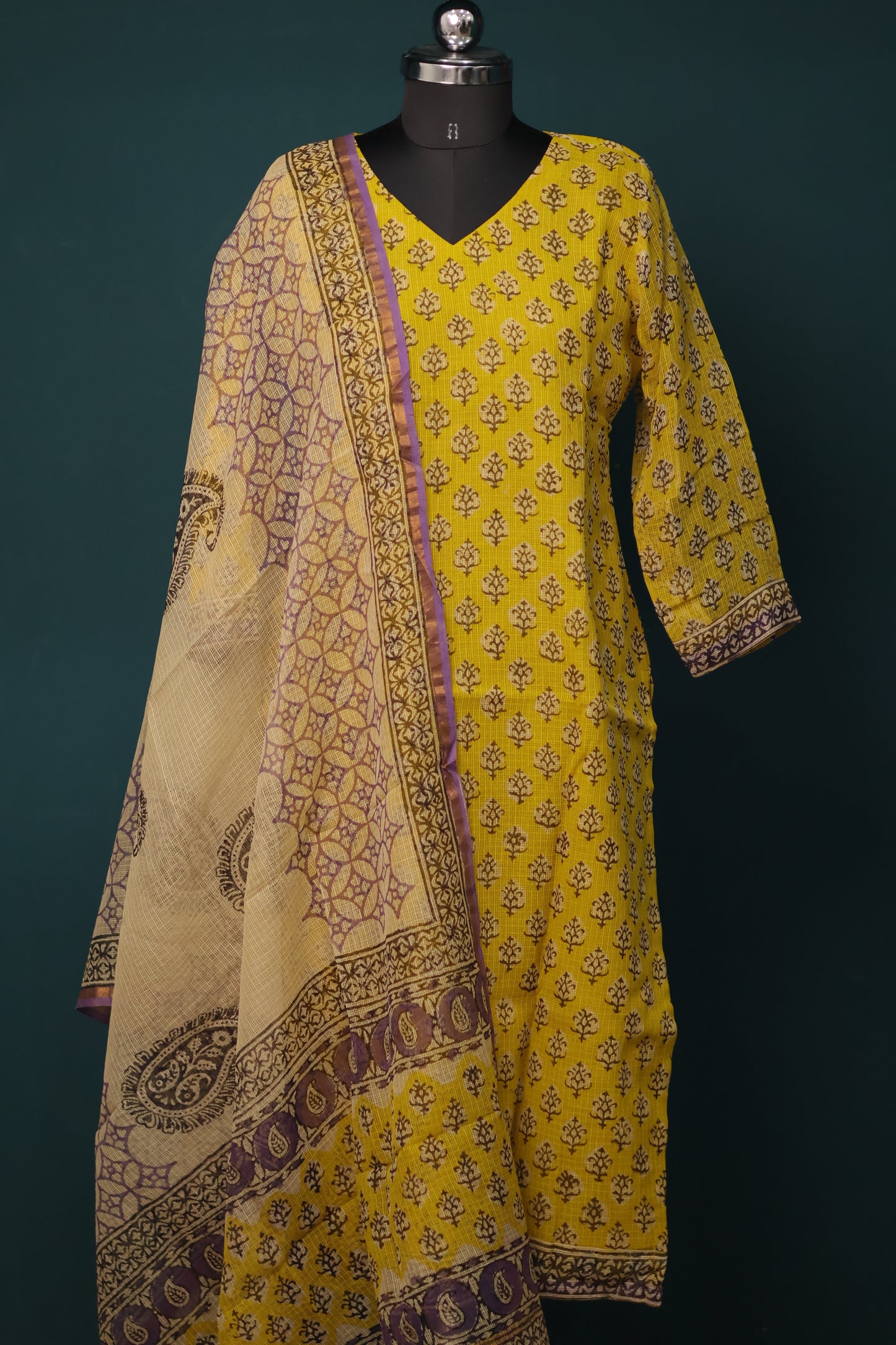 Yellow Handblock printed kota 3 piece suit (stitched)