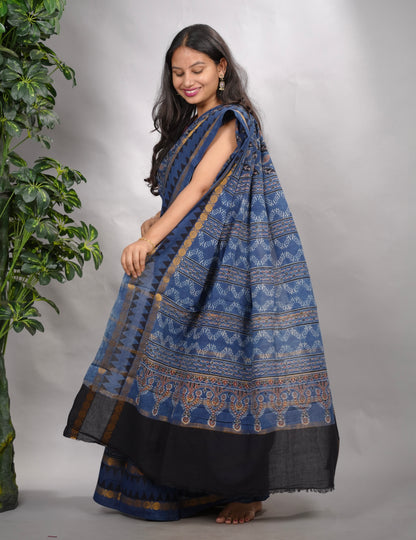Indigo Blue Ajrakh Hand Block Printed Sungudi Cotton Saree | Looms & Tassels