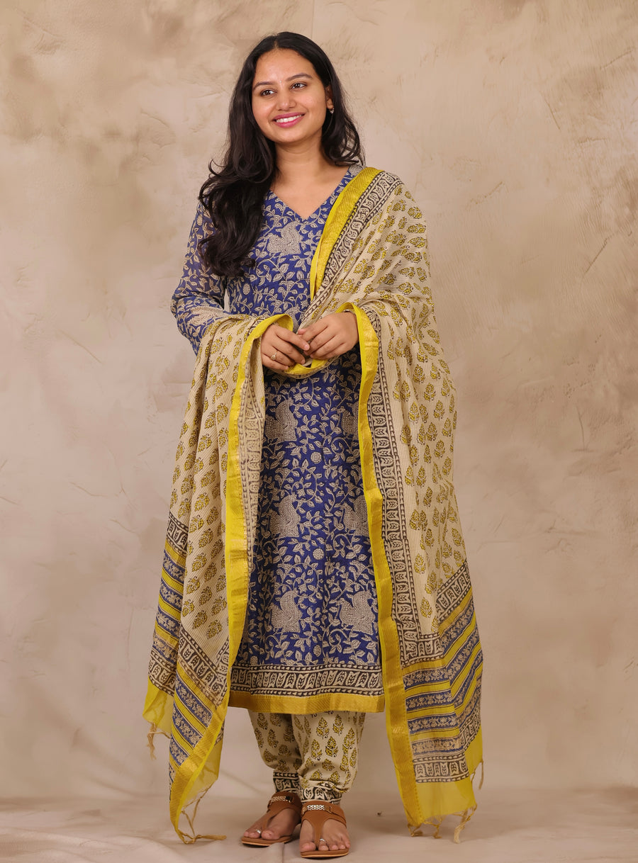 Blue Handblock printed Pure Maheswari Silk 3 piece suit (stitched)