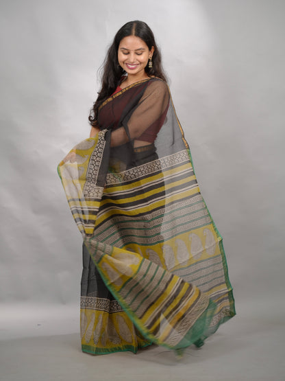 Black & Yellow Pure Kota Doria Saree with Bagru Handblock Prints | Looms & Tassels