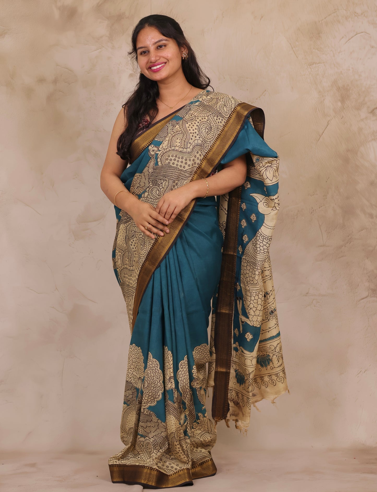 Blue Kalamkari Nizam Border Chennur Silk Saree | Looms & Tassels