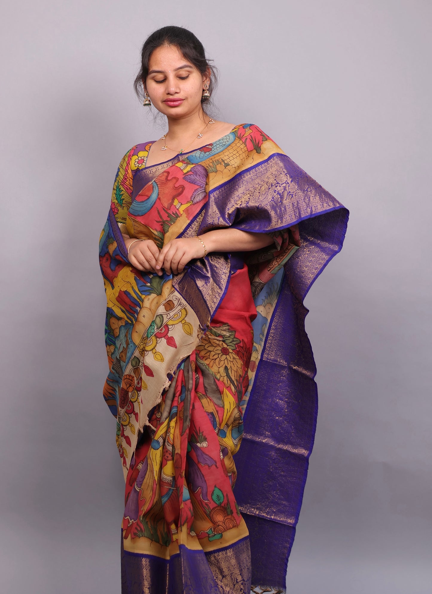 Pink Hand Painted Pen Kalamkari Silk Saree