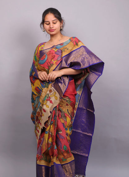 Pink Hand Painted Pen Kalamkari Silk Saree