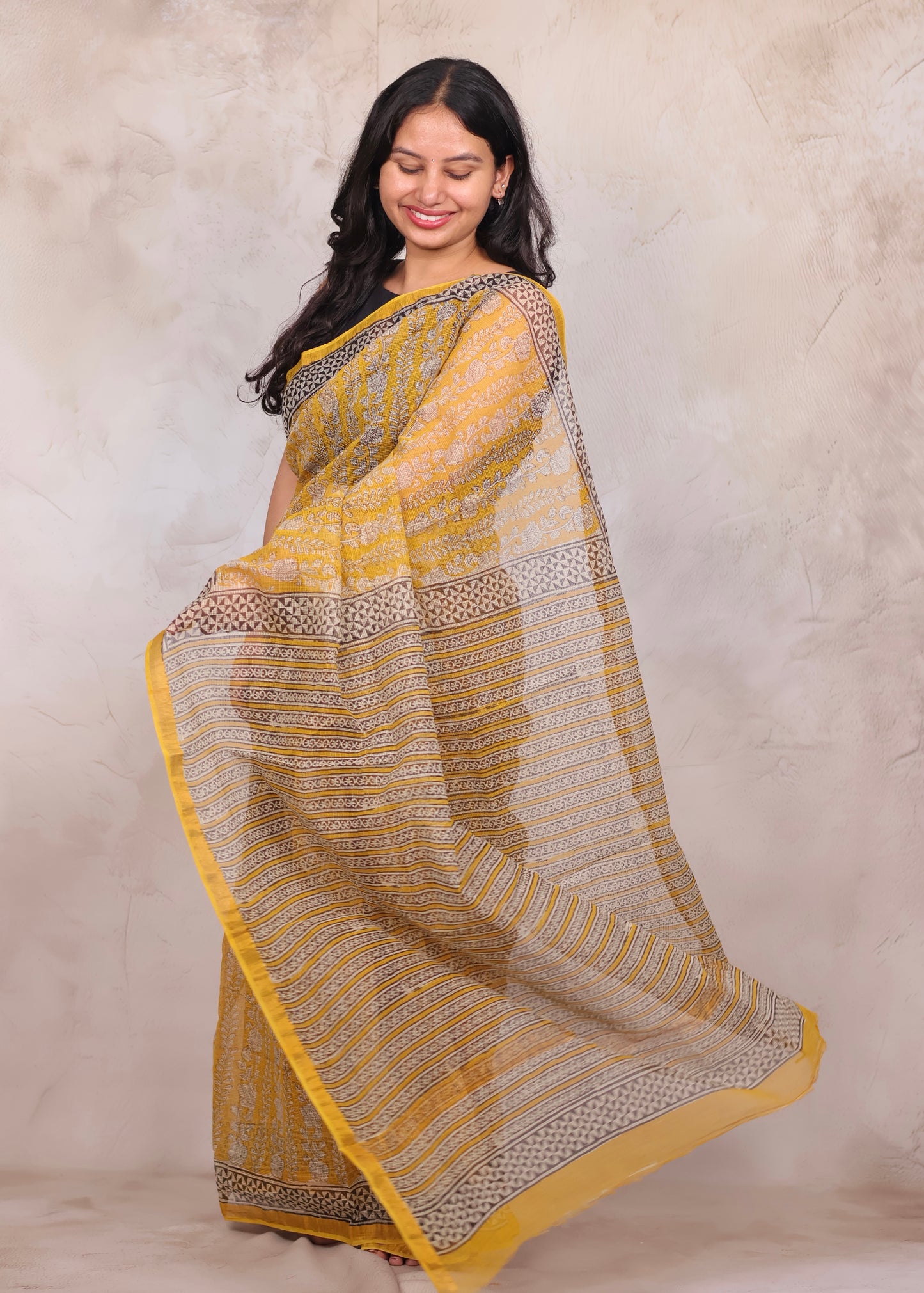 Yellow Pure Kota Doria Saree with Bagru Handblock Prints | Looms & Tassels