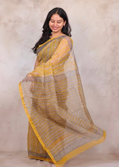 Yellow Pure Kota Doria Saree with Bagru Handblock Prints | Looms & Tassels