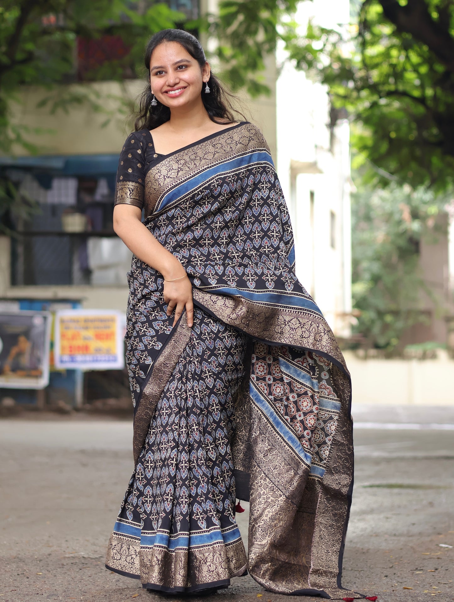 Black Ajrakh Dola Silk Saree
