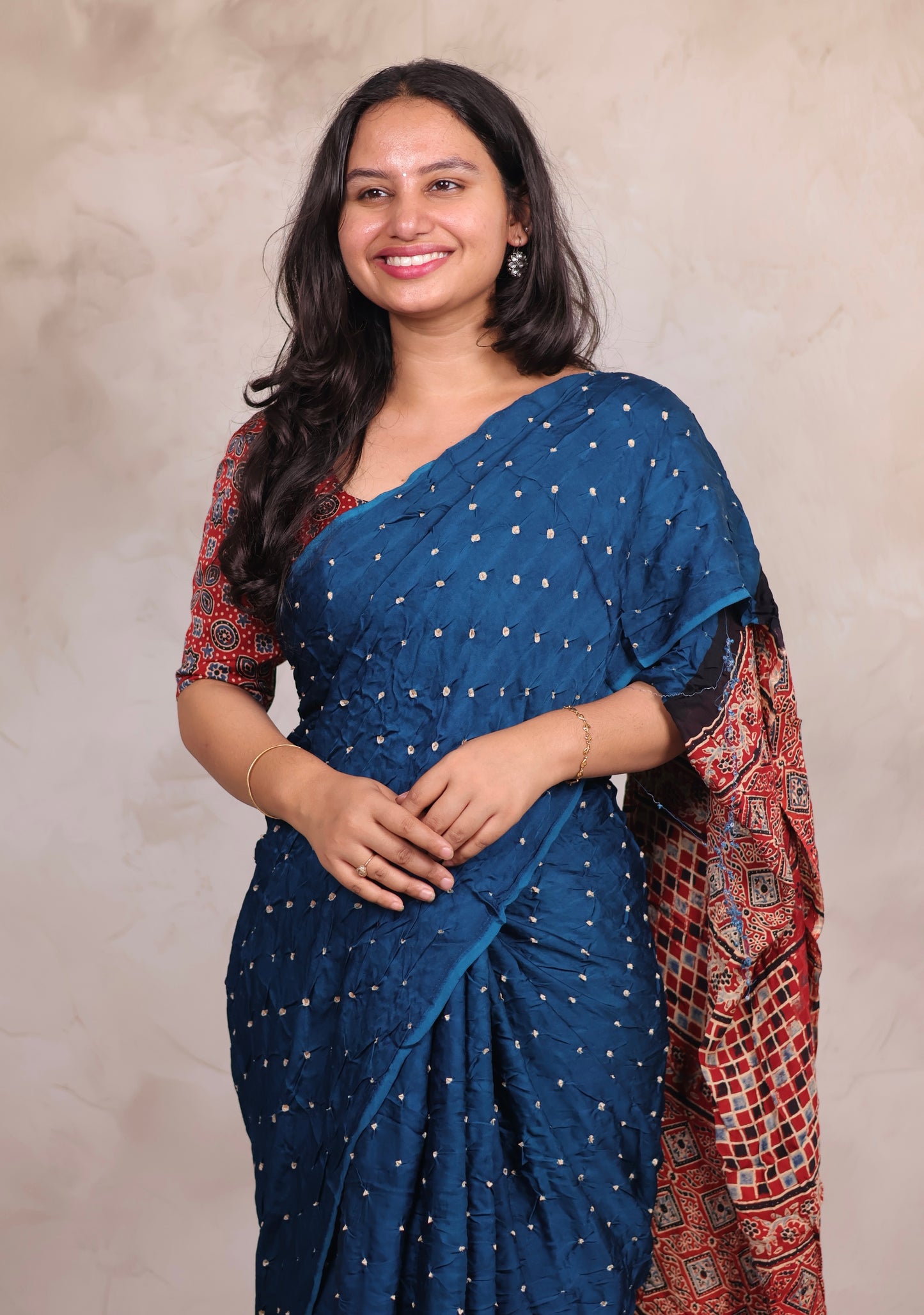Cyan Blue Hand Knotted Bandhej Modal Silk Saree with Ajrakh Pallu | Looms & Tassels