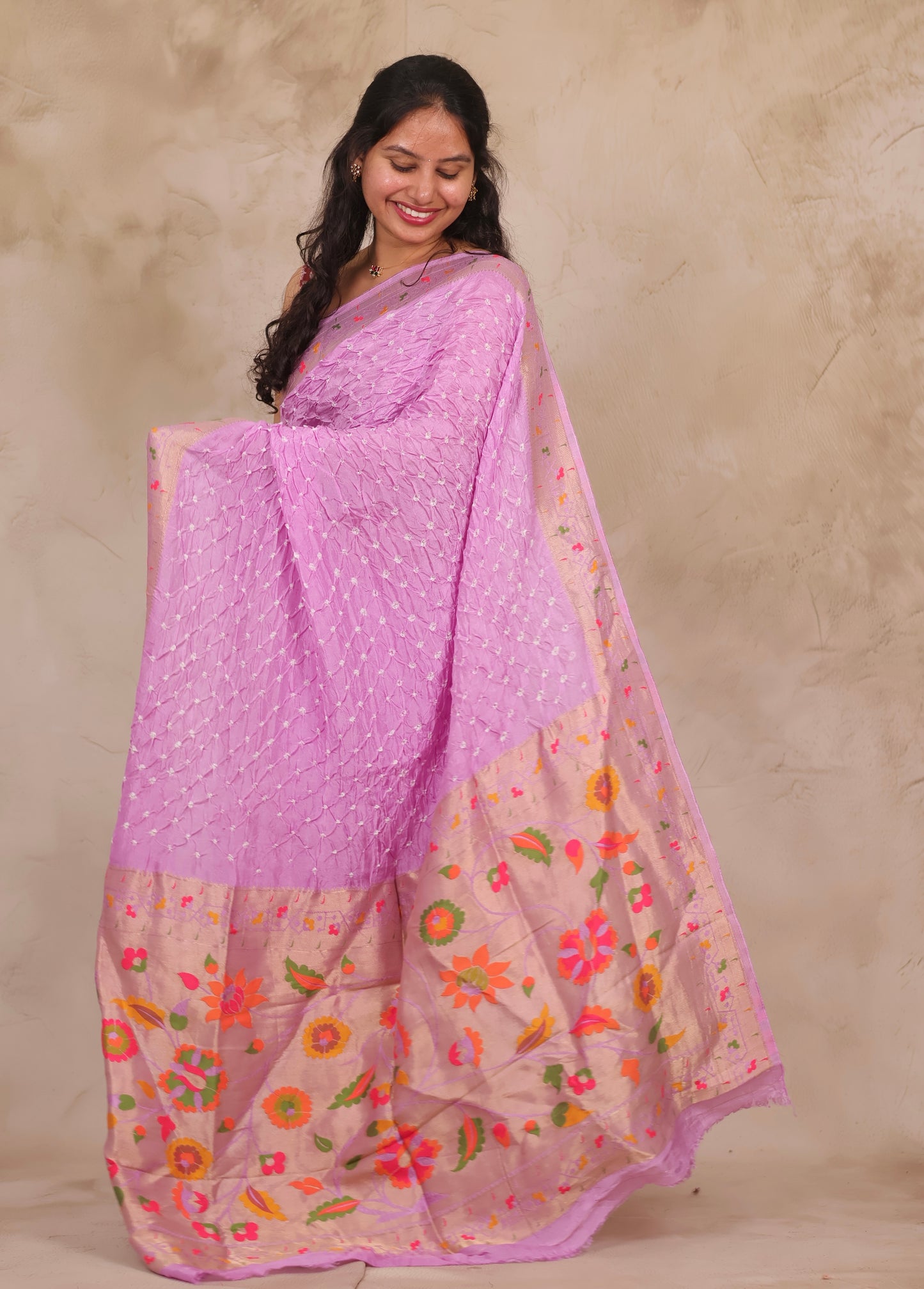 Pastel Lavender Handcrafted Bandhani Paithani Dola Silk Saree | Looms & Tassels