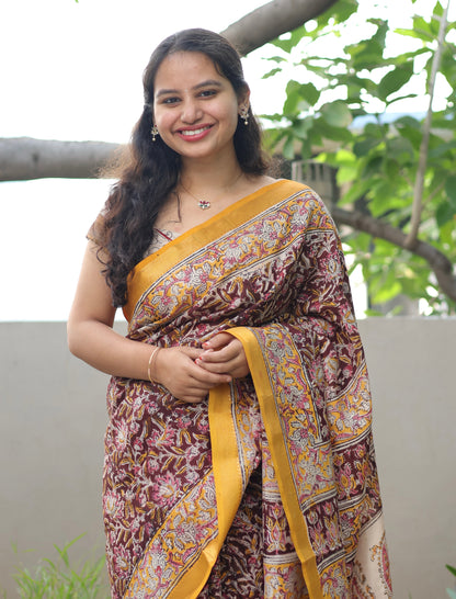 Maroon Hand Block Printed Kalamkari Nizam Border Silk Sare