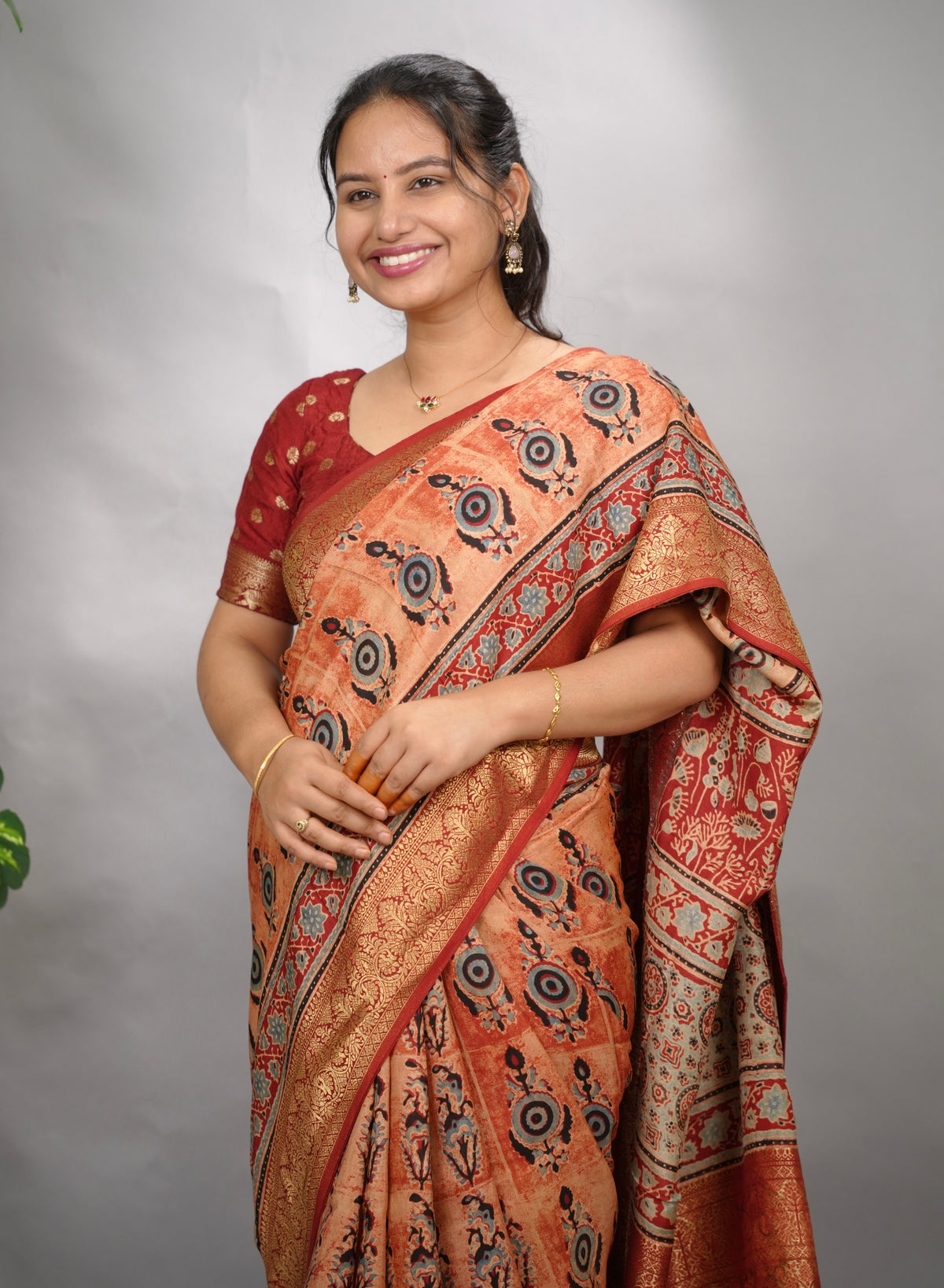 Onion Pink Ajrakh Handblock printed Dola Silk Saree| Looms & Tassels