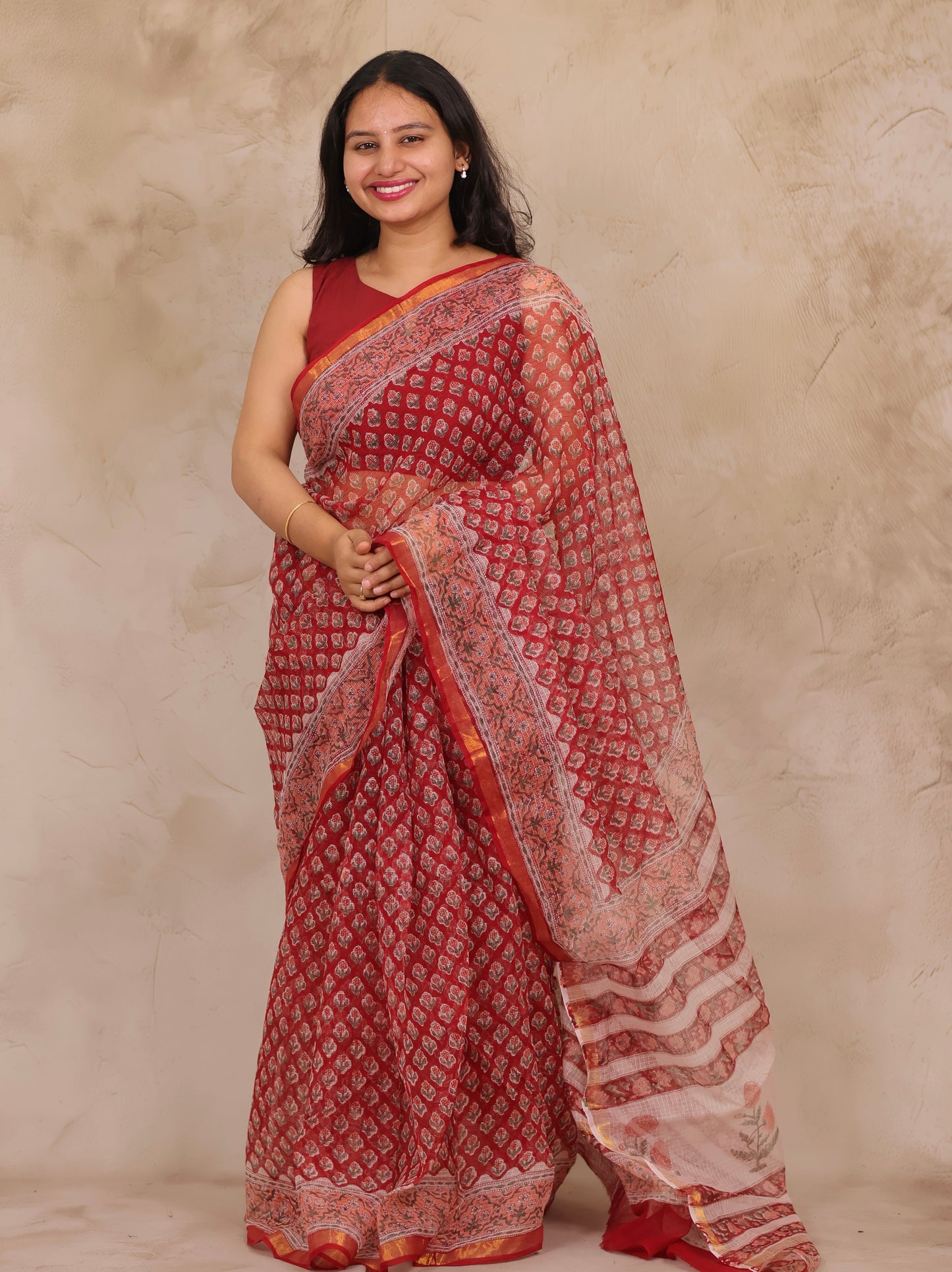 Red Pure Kota Doria Saree with Bagru Handblock Prints | Looms & Tassels