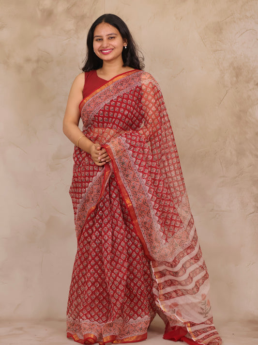 Red Pure Kota Doria Saree with Bagru Handblock Prints | Looms & Tassels