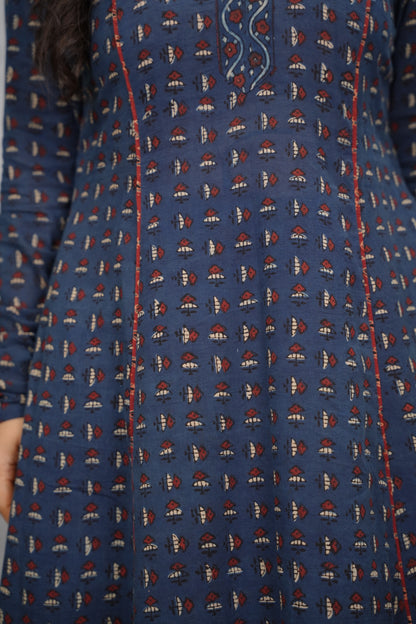 Indigo Ajrakh Handblock Printed Kali Kurta with Chudi Sleeves