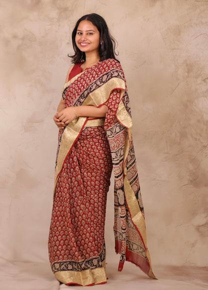 Maroon Chiffon Hand Block Printed Saree with Jari Border | Looms & Tassels