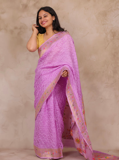 Orchid Pink Handcrafted Bandhani Paithani Dola Silk Saree | Looms & Tassels