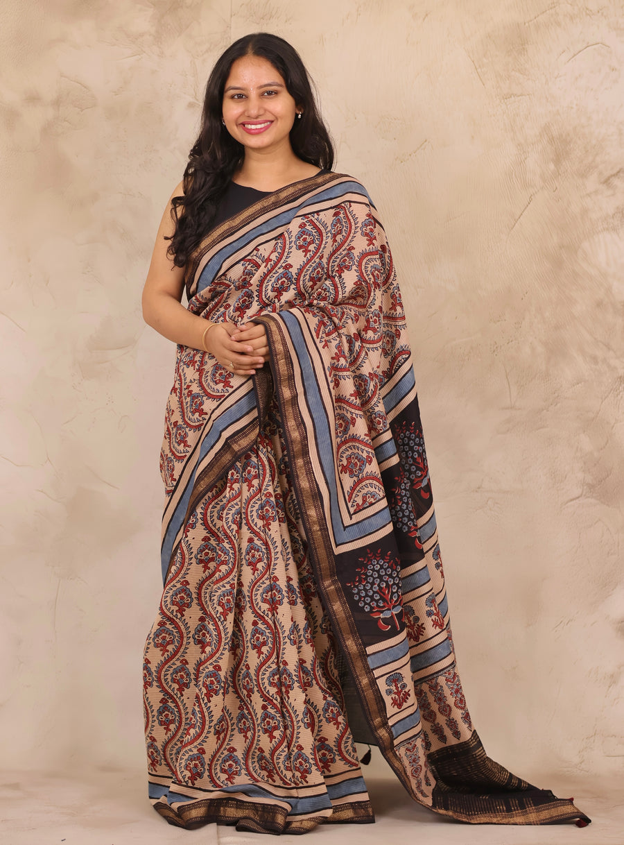 Maheswari Silk Cotton Ajrakh Handblock Printed Saree | Looms & Tassels