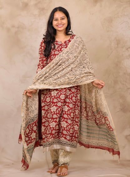 Maroon Linen Cotton Handblock printed 3 piece suit (stitched)