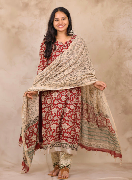 Maroon Linen Cotton Handblock printed 3 piece suit (stitched)
