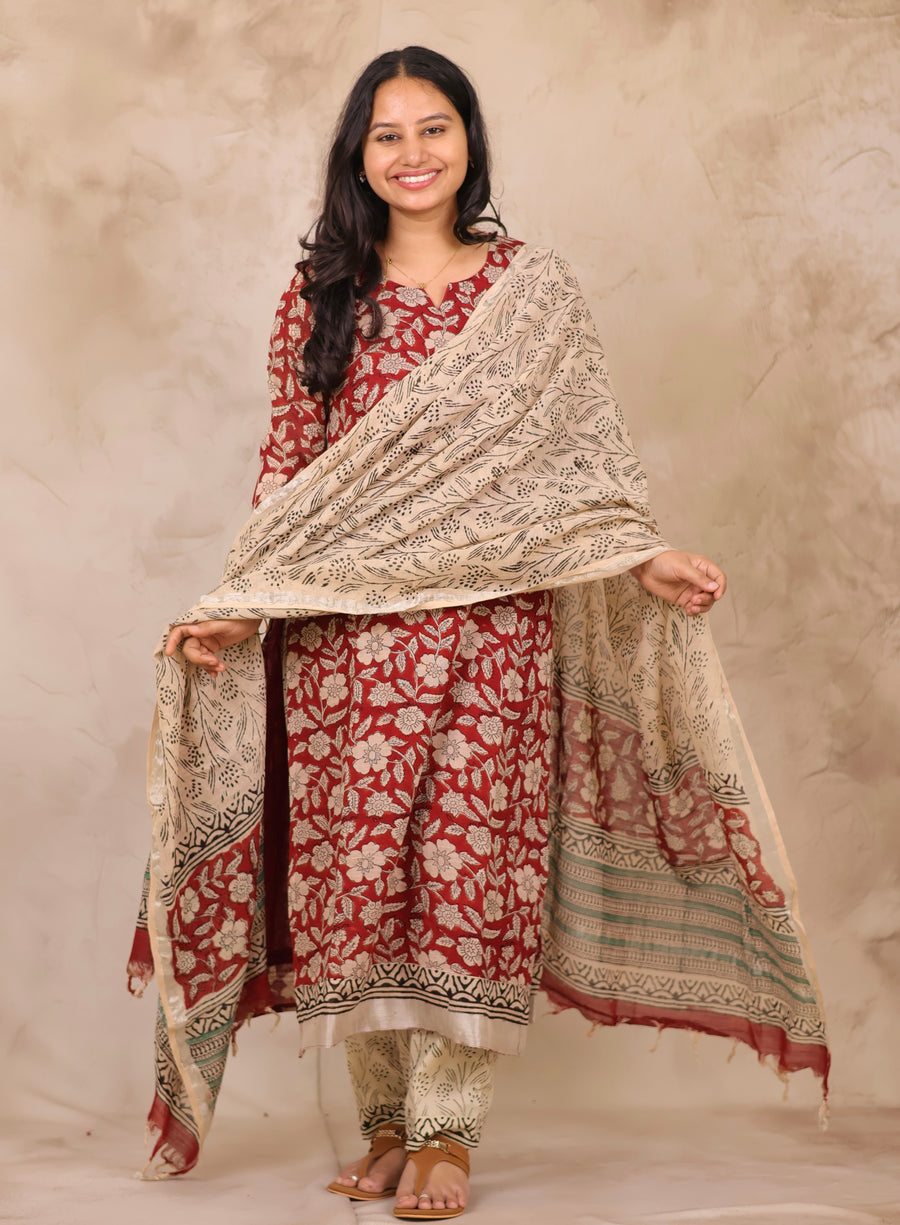 Maroon Linen Cotton Handblock printed 3 piece suit (stitched)