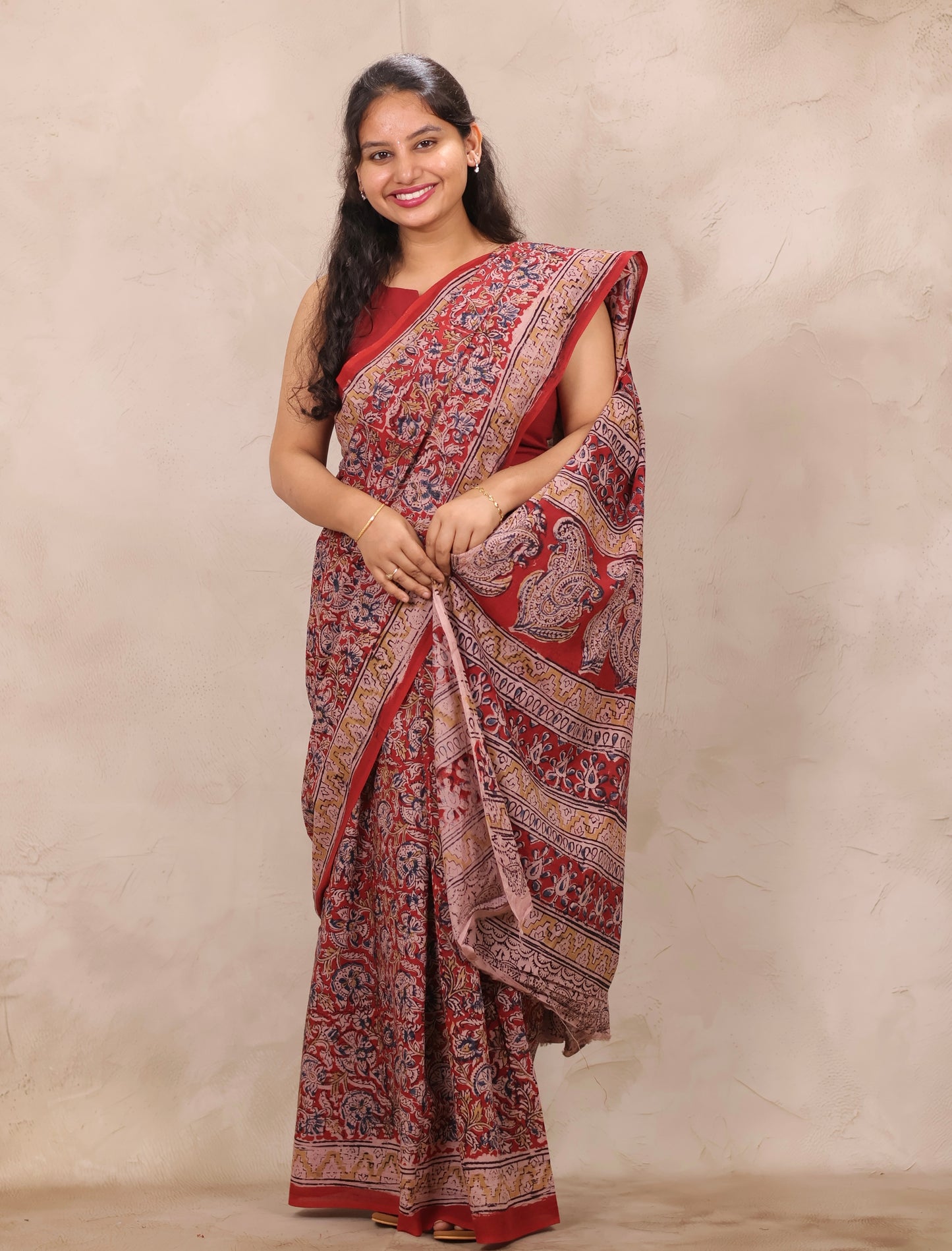 Red Hand Block Printed Kalamkari Cotton Saree | Looms & Tassels