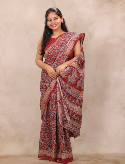 Red Hand Block Printed Kalamkari Cotton Saree | Looms & Tassels