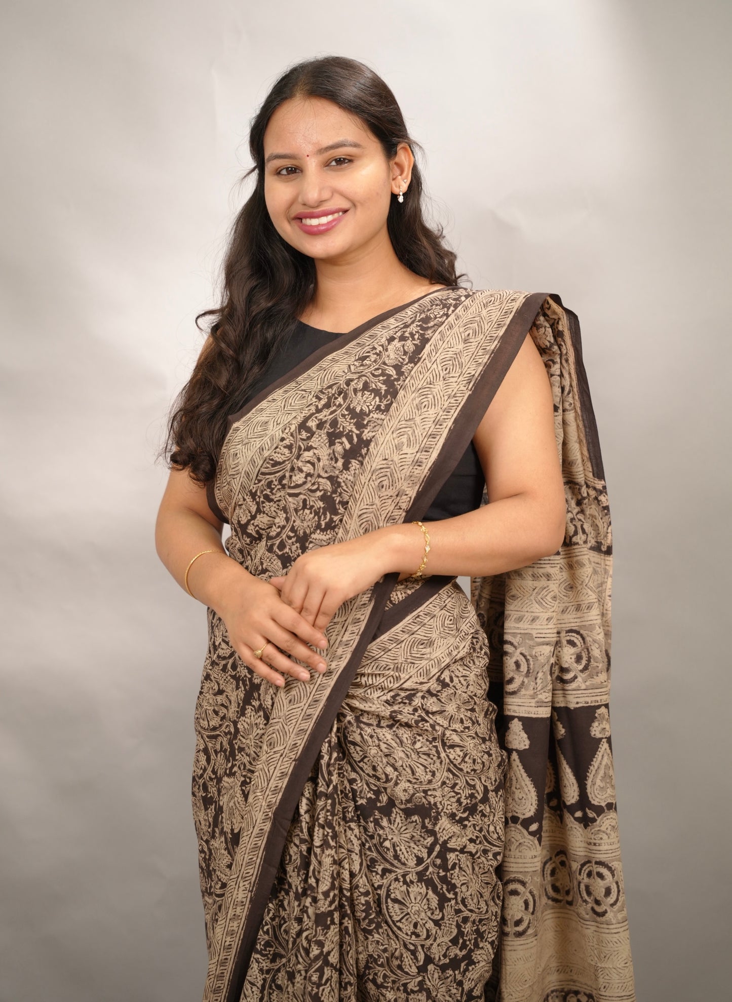 Black Hand Block Printed Kalamkari Cotton Saree | Looms & Tassels