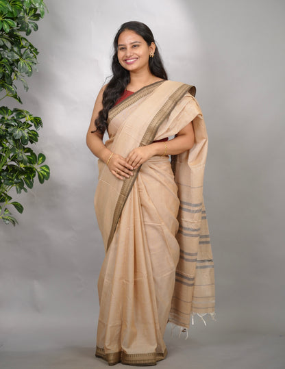 Sand Beige Narayanpet Cotton Saree | Looms & Tassels