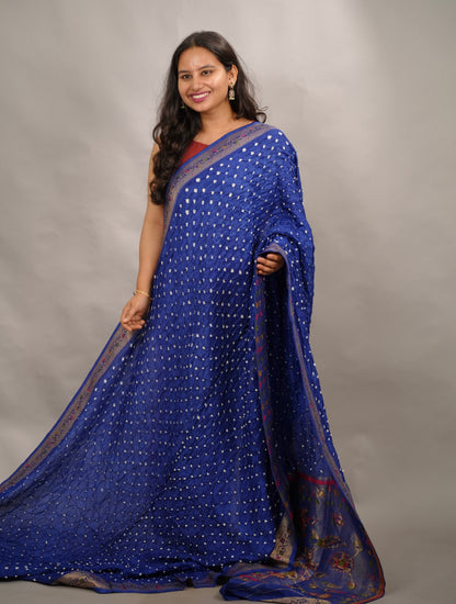 Blue Handcrafted Bandhani Paithani Dola Silk Saree | Looms & Tassels