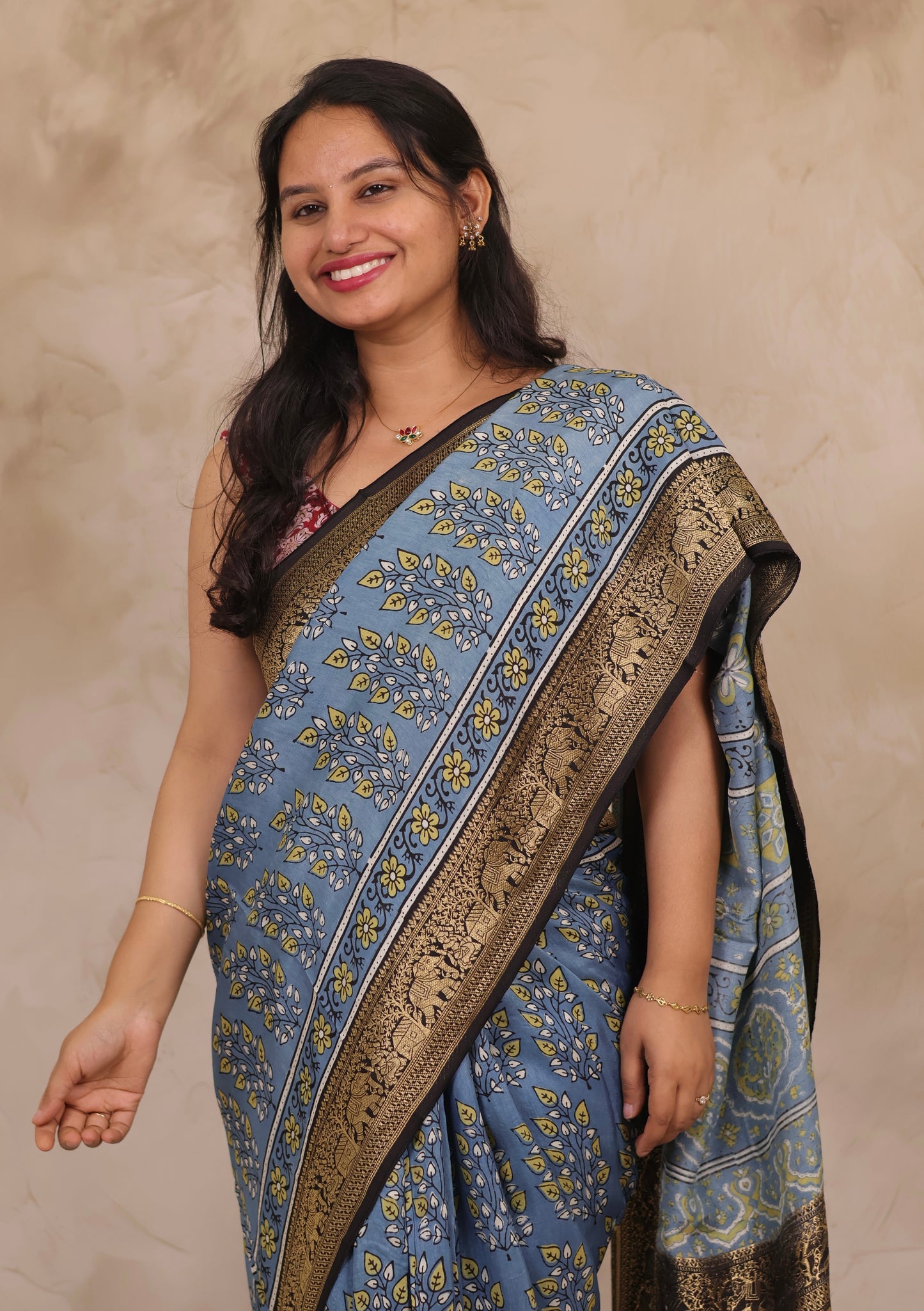 Sky Blue Ajrakh Handblock printed Dola Silk Saree | Looms & Tassels