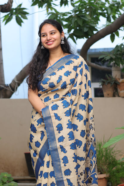 Cream & Blue Elephant Kalamkari Silk Handcrafted Nizam Border Saree