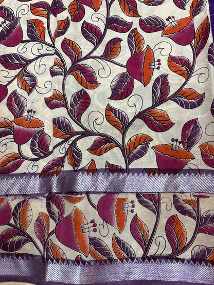 Purple Checks Kalamkari dyeing premium chennur silk saree