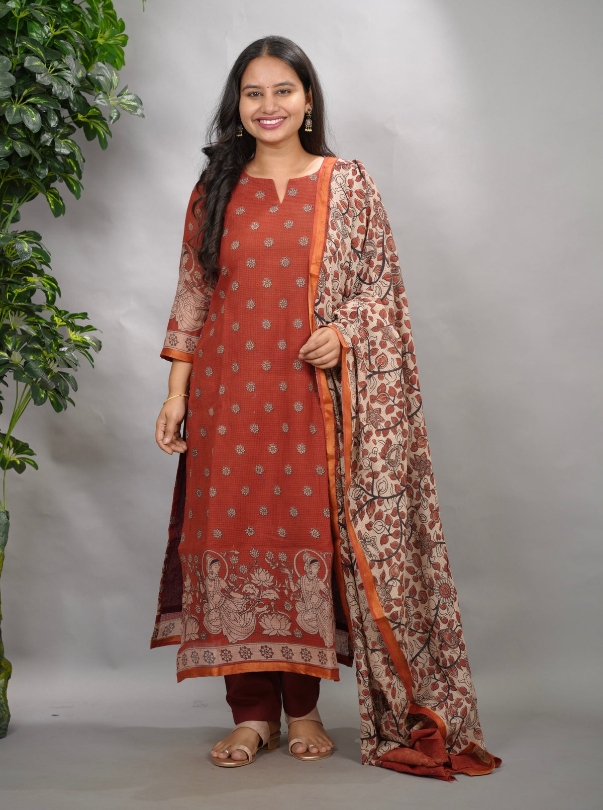 Maroon Kalamkari Kota Cotton 3 piece suit (stitched) | Looms & Tassels