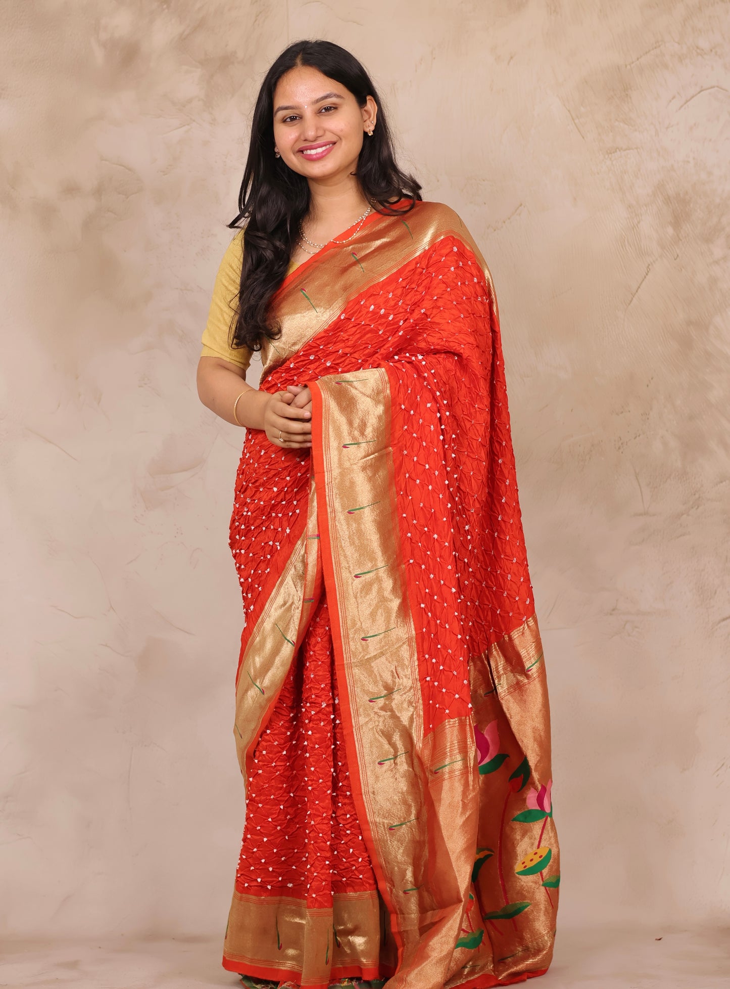 Orange Handcrafted Bandhani Paithani Dola Silk Saree | Looms & Tassels