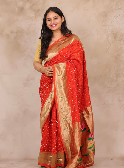 Orange Handcrafted Bandhani Paithani Dola Silk Saree | Looms & Tassels