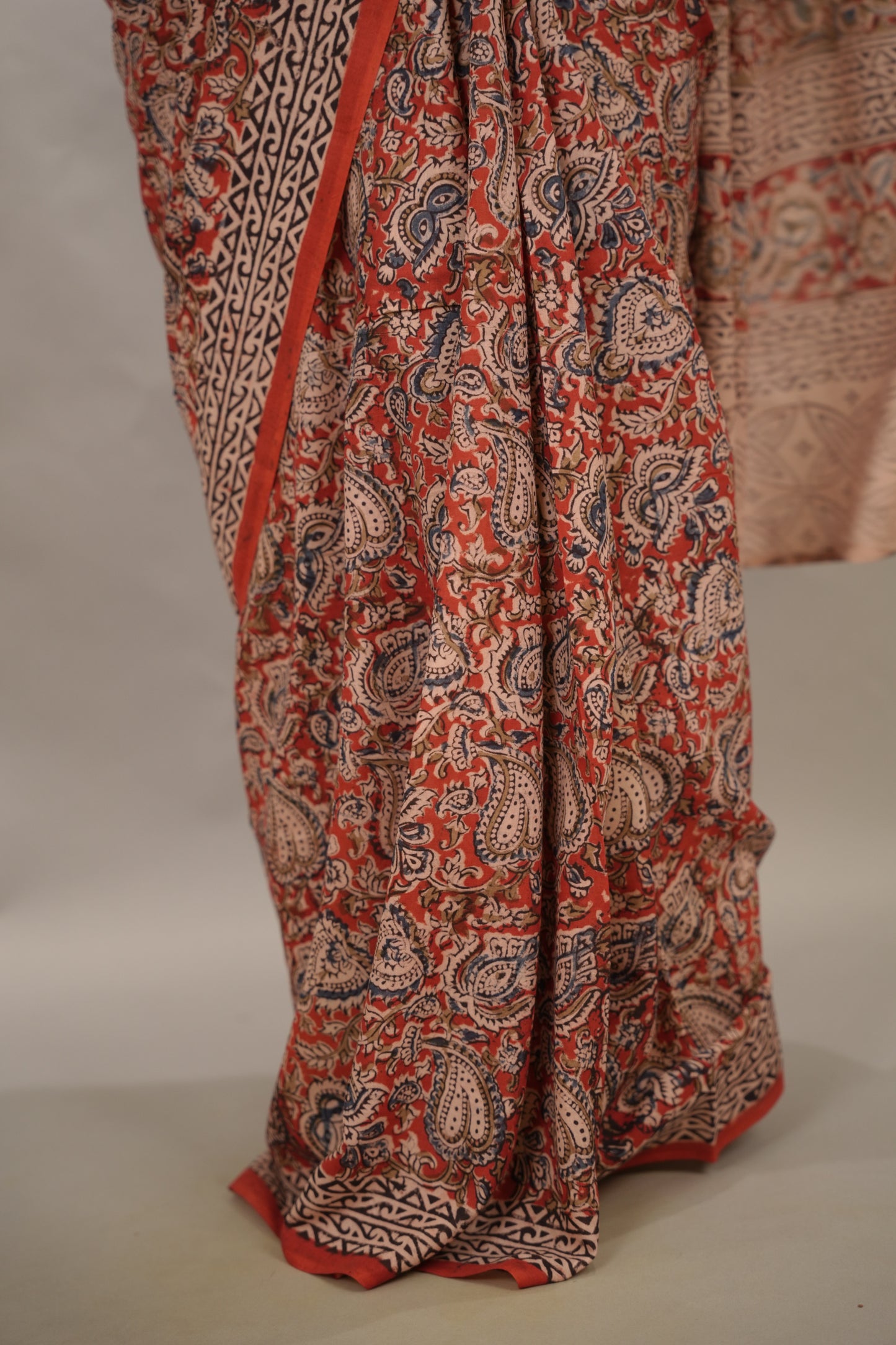 Red Hand Block Printed Kalamkari Cotton Saree | Looms & Tassels