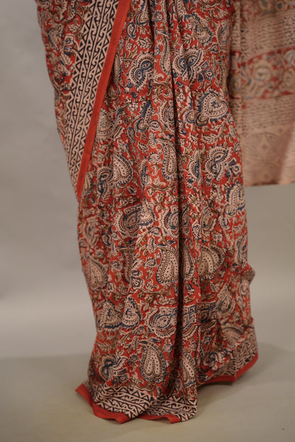 Red Hand Block Printed Kalamkari Cotton Saree | Looms & Tassels