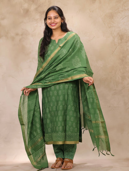 Green Handblock printed Pure Maheswari Silk 3 piece suit (stitched)