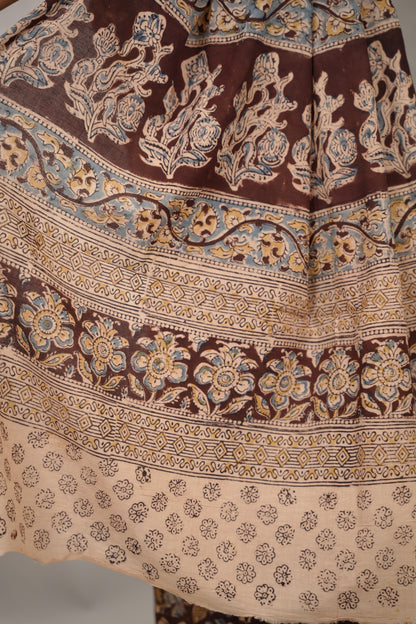 Maroon Hand Block Printed Kalamkari Cotton Saree | Looms & Tassels