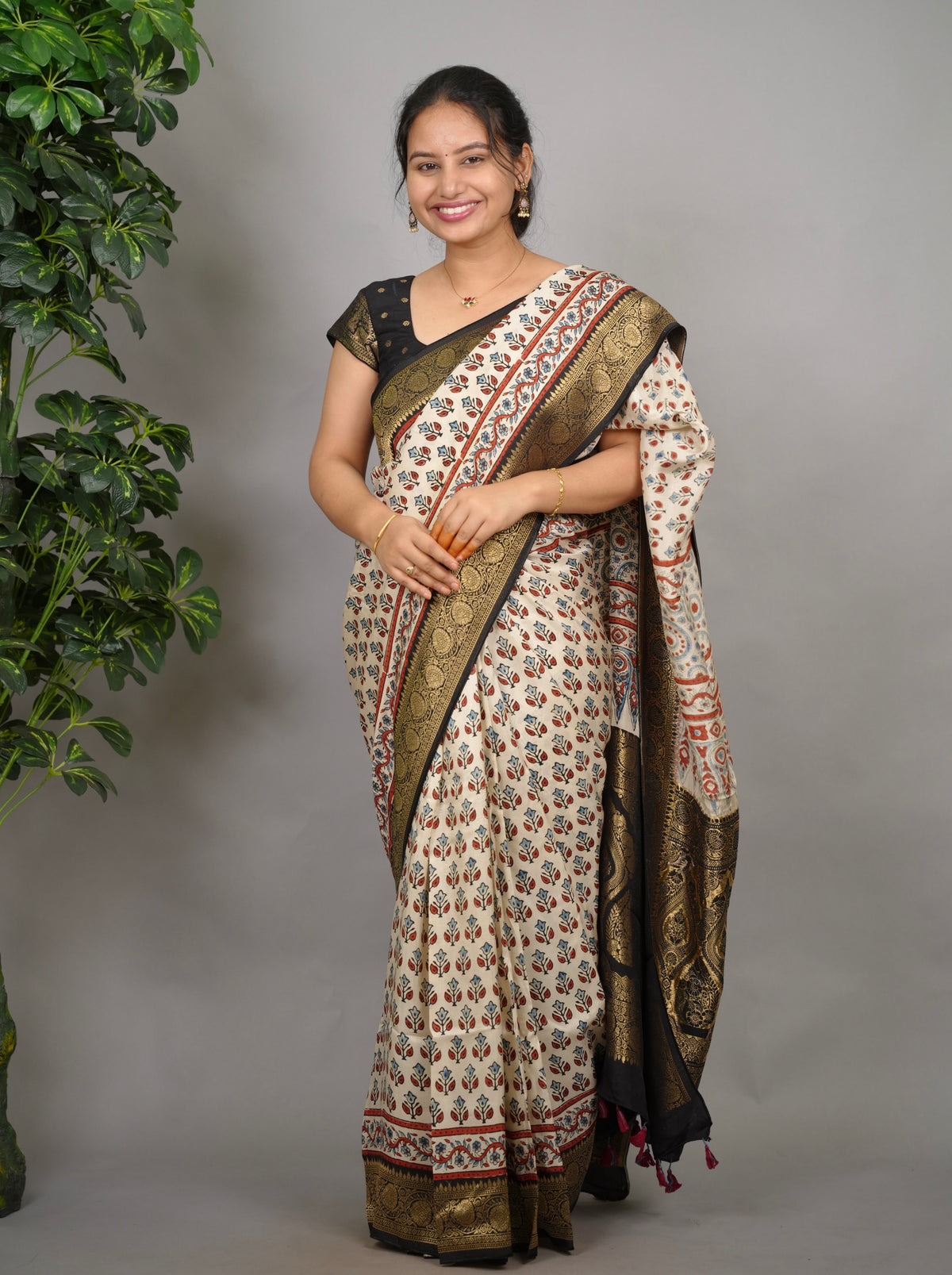 Cream Ajrakh Handblock printed Dola Silk Saree| Looms & Tassels