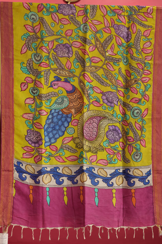 Yellow Pen Kalamkari chennur silk duppata