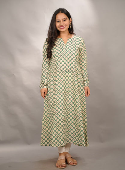 Cream Pure Mul Cotton Kali Kurta with Chudi Sleeves | Looms & Tassels