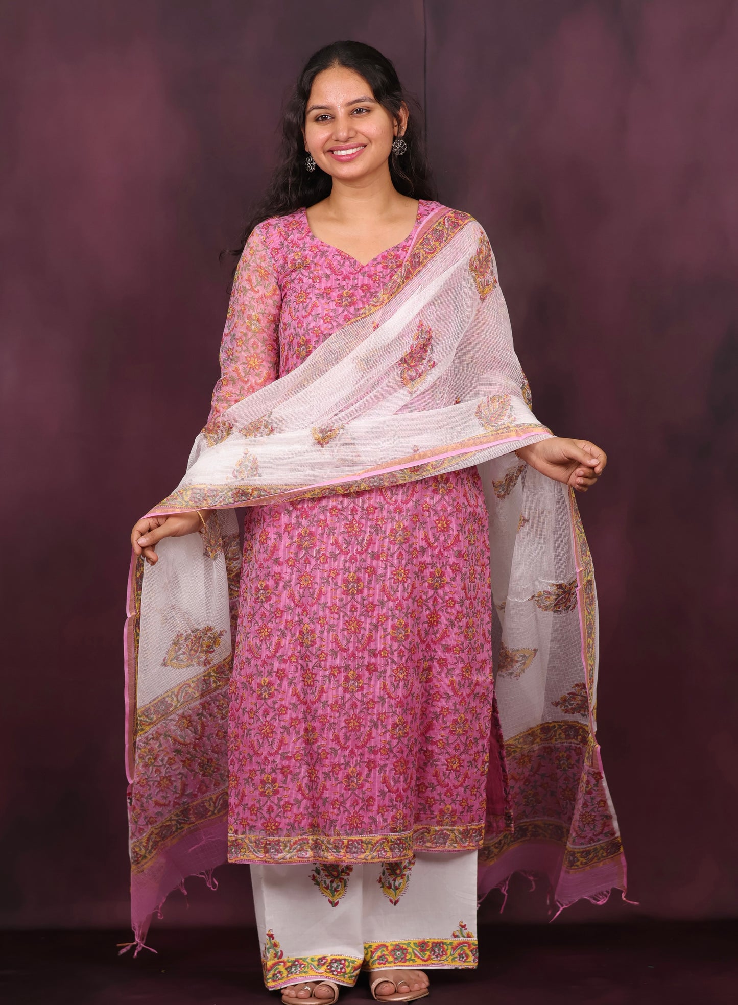 Pink Handblock printed kota 3 piece suit (stitched)