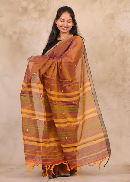 Mustard Narayanpet Cotton Saree With Butta Weaving | Looms & Tassels