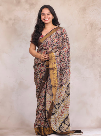 Black Hand Block Printed Kalamkari Kanchi Border Silk Saree