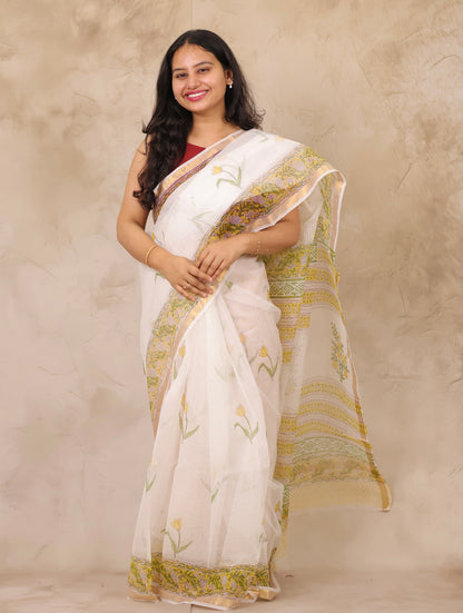 White Pure Kota Doria Saree with Bagru Handblock Prints | Looms & Tassels