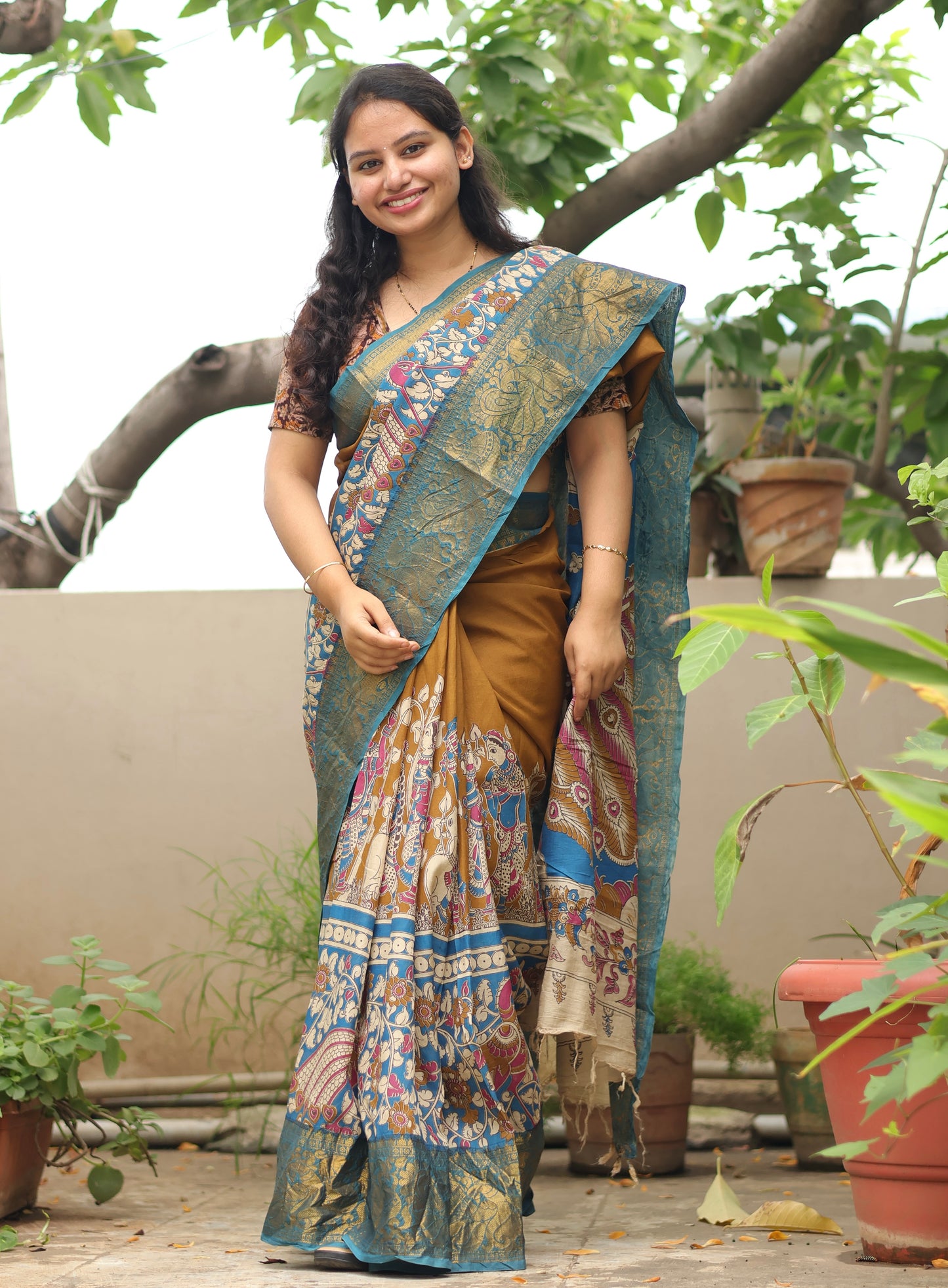 Mustard Kanchi border Kalamkari chennur silk saree