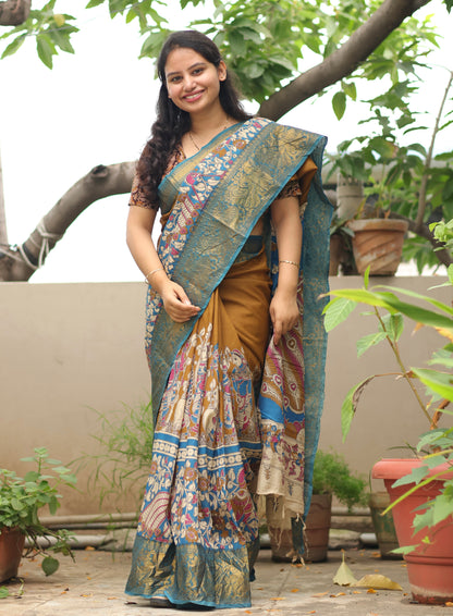 Mustard Kanchi border Kalamkari chennur silk saree