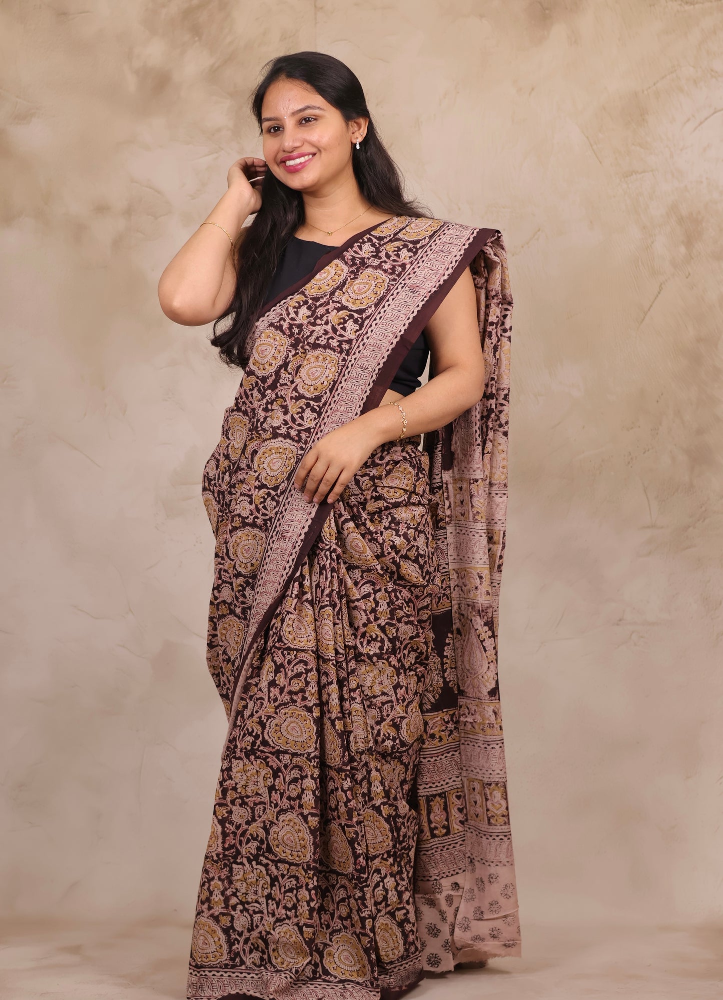 Maroon Hand Block Printed Kalamkari Cotton Saree | Looms & Tassels